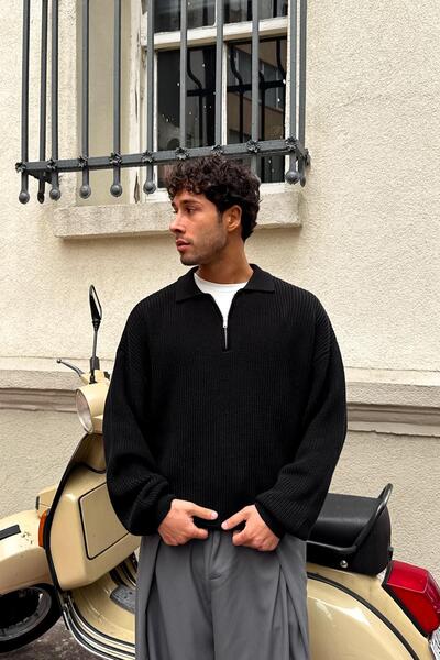 Flaw Wear Half Zip Polo Neck Knit Sweater