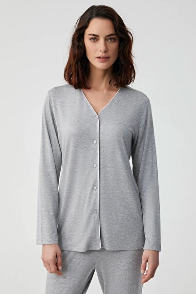 Catherine's Catherines Soft Textured Fabric V-Neck Front Button Long Sleeve Women's Pjamas Suit
