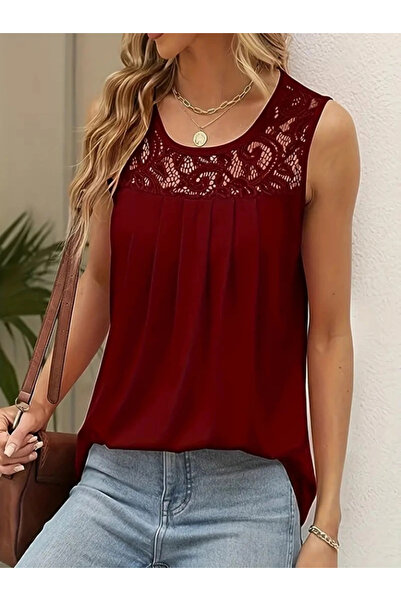 GENCULUS Women's Strappy Round Neck Lace Detailed Viscose Blouse