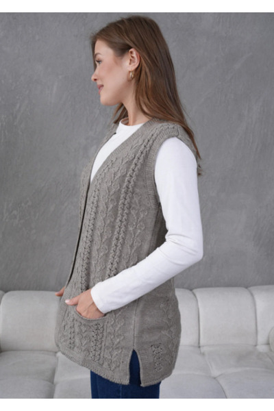Elçelya Moda Women's Knitwear Lace-Like Knit Pocket Detailed Button Closure Wool Vest