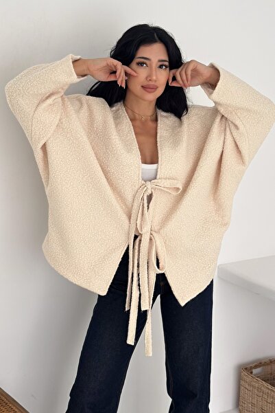 FEMELLE Cream Wrap-Around Tie Oversized Cardigan Bat Sleeve Standard Size