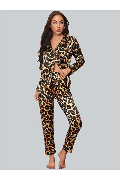 FridayIn Casual Suit collar Leopard Pocket Regular sleeve Pajama