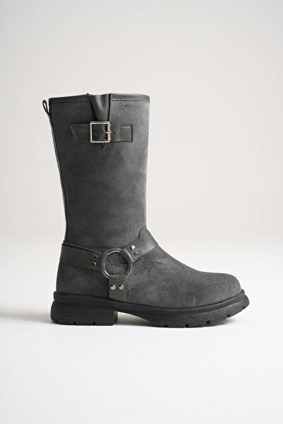 ANALİN SHOES Women's Genuine Leather Riding Boots with Accessory Detail - Gray Suede