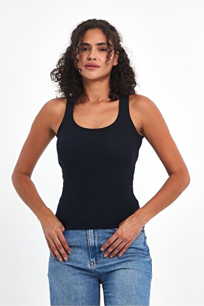 mmetalic Women's Navy Blue Corded Look Thick Basic Undershirt with Straps
