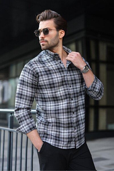 Madmext Black Button Plaid Patterned Men's Shirt E6768
