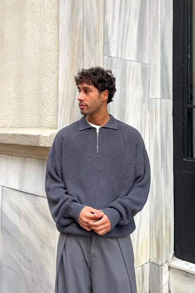 Flaw Wear Half Zip Polo Neck Knit Sweater