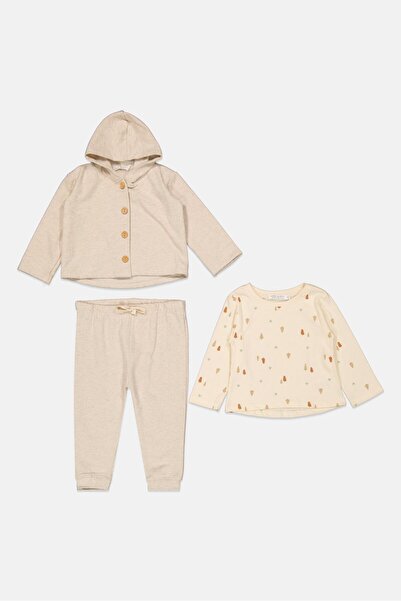 Mother's Promise Toddlers Girl 3Pcs Printed Hooded Sweatshirt, SAweatpant And Top Set, Beige