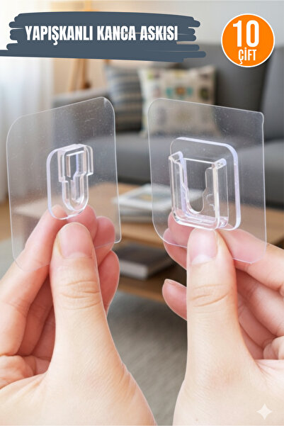 Orvila 10 Çift Şeffaf Yapışkanlı Kanca Askısı Çift Taraflı Geçmeli Klips Sabi...