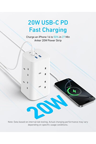 Anker Tower Extension Lead 12-in-1 Surge Protector, 8 AC Outlets + 4 USB, 20W USB-C