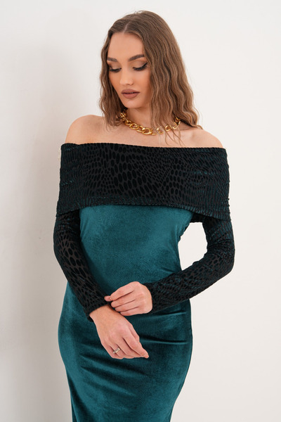 MILANOFOX Velvet Devore Madonna Collar Long Sleeve Slit Midi Dress