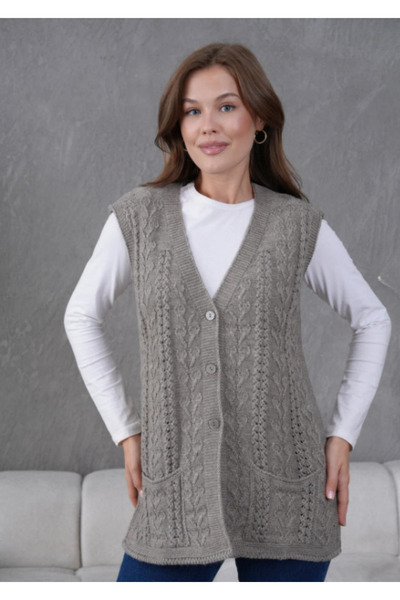 Elçelya Moda Women's Knitwear Lace-Like Knit Pocket Detailed Button Closure Wool Vest