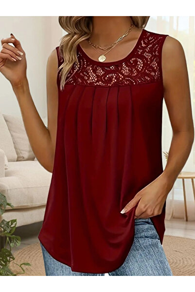 GENCULUS Women's Strappy Round Neck Lace Detailed Viscose Blouse