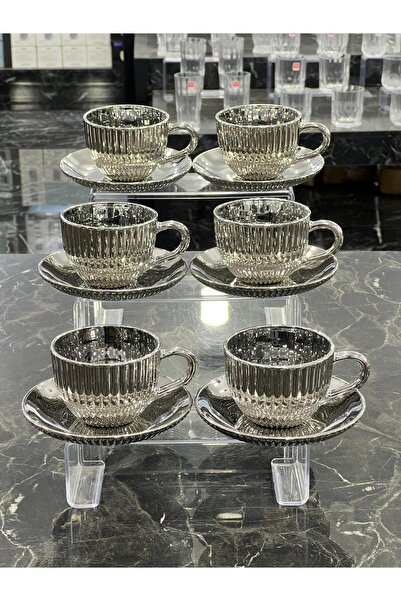 isra kristal Luxury Silver 6-Piece Coffee and Tea Cup Set - Modern Cup Set - Dishwasher Safe