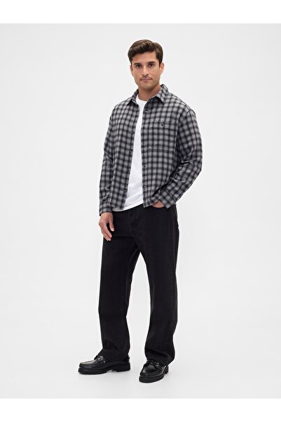 GAP Erkek Gri Boxy Fit Flannel Gömlek