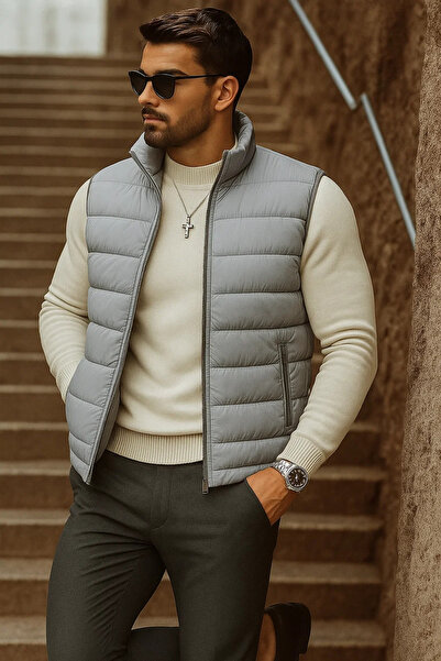 comstar Men's Winter Zippered Basic Gray Puffer Vest with Pockets