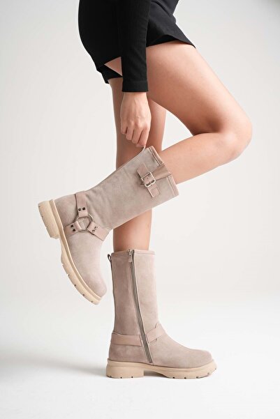 ANALİN SHOES Women's Genuine Leather Accessory Detailed Riding Boots - Mink Suede