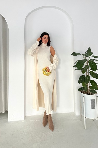 Noi Belis Maxi Boy Cardigan Turtleneck Dress Knitwear Set Aw25Hi0058