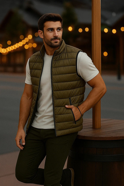comstar Men's Lined Winter Zippered Khaki Puffer Vest with Pockets