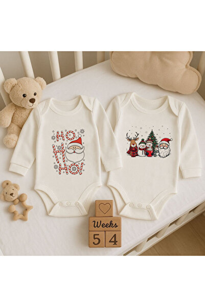 MODA New Year Christmas Printed Set of 2 Cotton Long Sleeve Snap Fastener Bab...