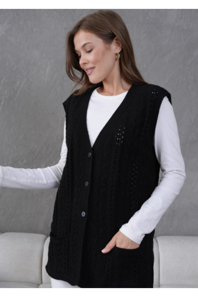 Elçelya Moda Women's Knitwear Lace-Like Knit Pocket Detailed Button Closure Wool Vest