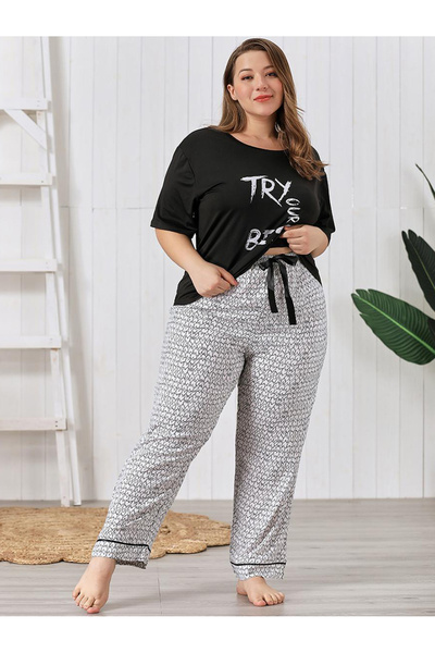 FridayIn Casual Round neck Solid color Printing Bow Pajama