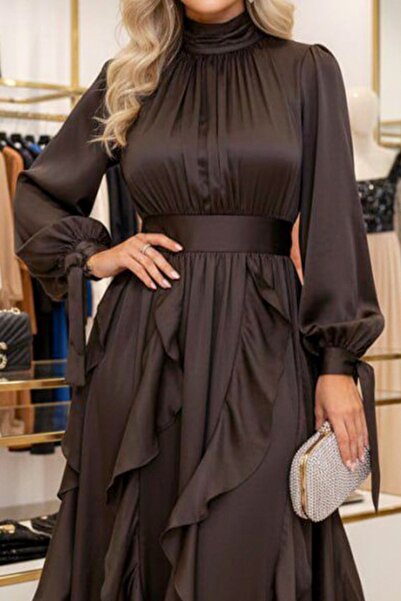 FashionForYou Marivelle event dress, with ruffles and train, Chocolate Brown