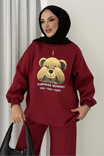 Bestenur Teddy Bear Pattern Three Thread Double Set 1655 - Claret Red