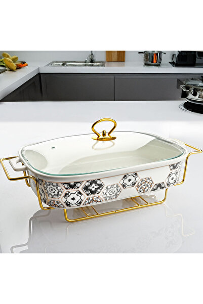 welcomein وعاء خزفي مقاس 39 سم مع حامل ذهبي – طنجرة عرض مستطيلة مقاومة للحرارة مع غطاء زجاجي