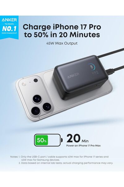 Anker Nano Power Bank 10,000mAh 45W with Built-In Retractable USB-C Cable, Smart Display