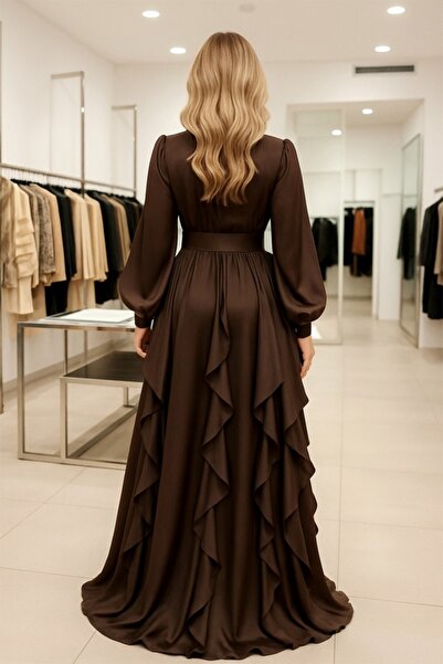 FashionForYou Marivelle event dress, with ruffles and train, Chocolate Brown