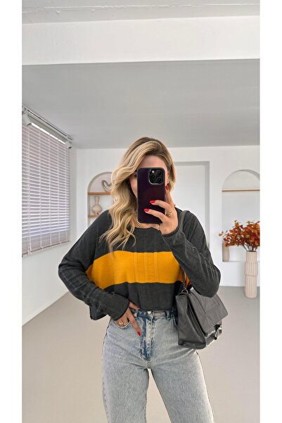 Sezgi Tekin Wide Collar Color Block Gray Knitwear