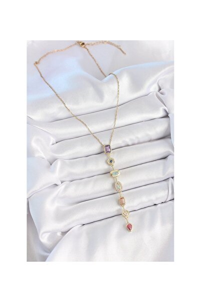 stainles steel Pirinç Gold Renk Zirkon Taşlı Baget Dekolte Model Kadın Kolye