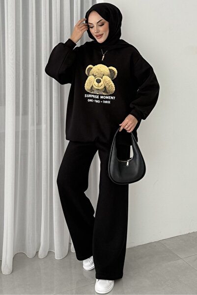 Bestenur Teddy Bear Pattern Three Thread Double Suit 1655 - Black