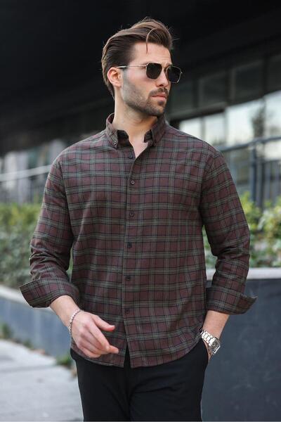 Madmext Brown Buttoned Plaid Patterned Men's Shirt E6768