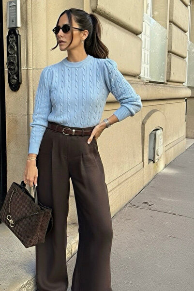 oshebu Bebe Mavi- Women's Crew Neck Knit Detailed Sweater