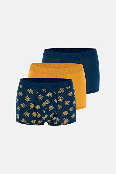 Dagi Mustard-Dark Blue 4210 3-Piece Patterned Micro Modal Boxer