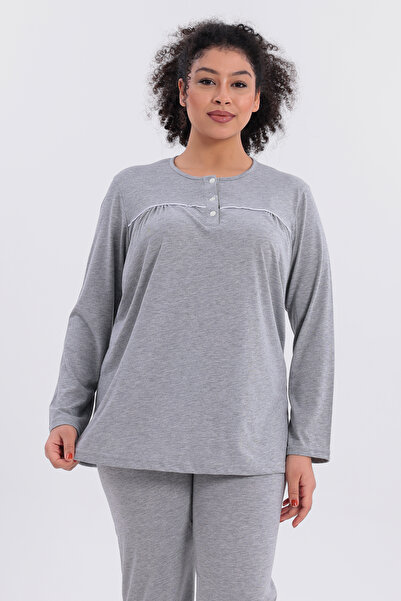 Mio Vero Women's Piped Long Sleeve Cotton Plus Size (Oversize) Pajama Set