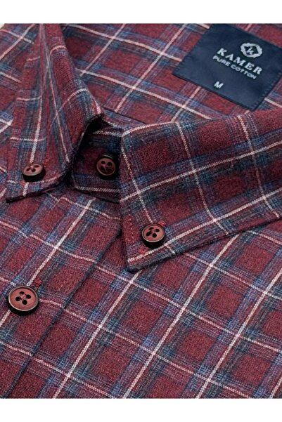 KAMER Regular Fit Winter 100% Cotton Long Sleeve Button-Up Collar Plaid Burgundy Shirt 3866R