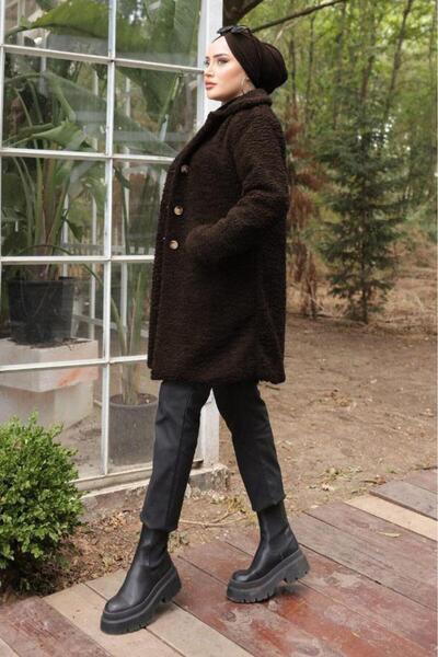 hafsamina Double-Breasted Lapel Plush Coat Brown Hm2507