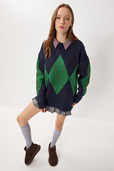 Lovelyİstanbul Baklava Patterned Oversized Knitwear Sweater Lfn0130 Dark Blue Green
