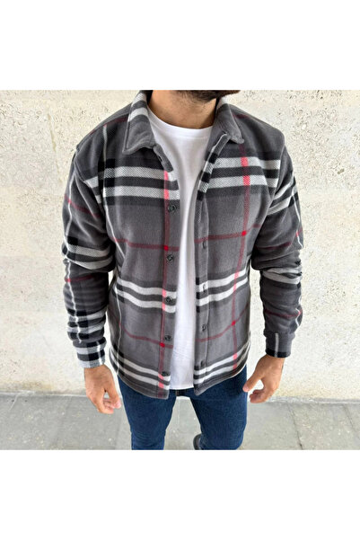 GENCULUS Men's Plaid Patterned Buttoned Fleece Collar Long Sleeve Shirt Oversized Comfortable Fit Smoked