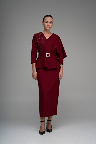 Lila Rose V Yaka Taş Baskılı Şık Kokteyl Elbise