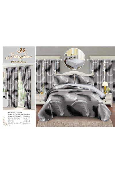 FIONNA.RO Fine Cotton Bedding and Curtain Set 1 Person - Grey With Feathers