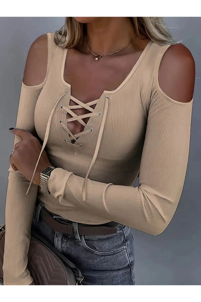 GENCULUS Women's Off the Shoulders Long Sleeve Lace up Camisole Blouse