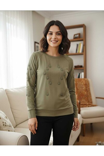 Aylin Güncüoğlu Long Sleeve Zero-Collar Sweatshirt with Ribbed Sleeves and Bottom, Sports Combed Cotton