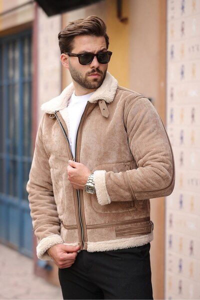 BASEL.CO Leather Detailed Velvet Coat with Fur Inside