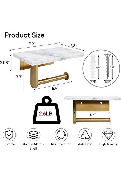 Generic Nodafuer Toilet Paper Holder with Natural Marble Shelf (Brushed Gold, 7.87 x 4.72 in)