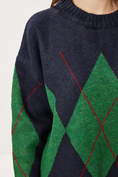 Lovelyİstanbul Baklava Patterned Oversized Knitwear Sweater Lfn0130 Dark Blue Green