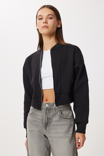 Lovelyİstanbul Πλεκτό φούτερ με φερμουάρ επένδυση fleece LAN0085 ΜΑΥΡΟ