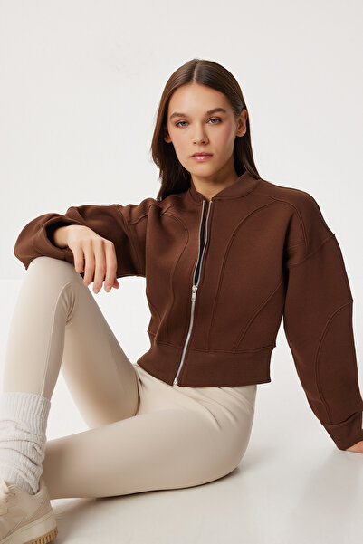 Lovelyİstanbul Πλεκτό φούτερ με φερμουάρ επένδυση fleece LAN0085 ΚΑΦΕ